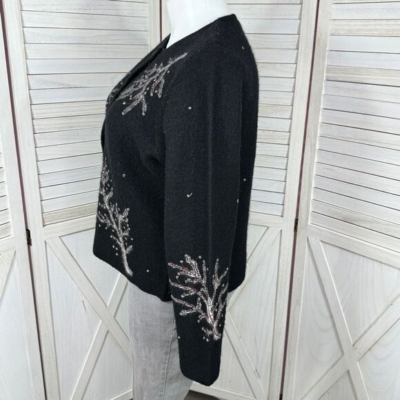 Frost Hand Knit Iced Tree Branches Beaded Wool Cardigan Sweater Black Large - Picture 2 of 11